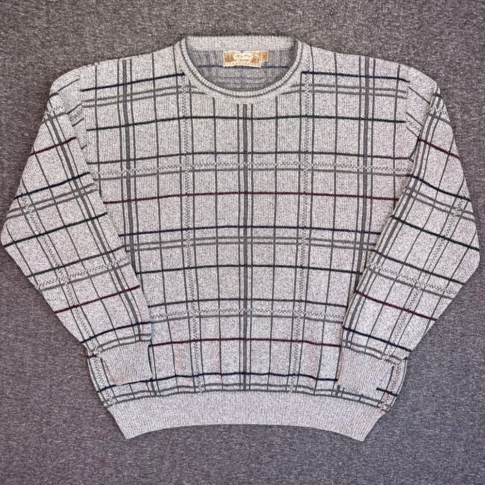 VTG Shenandoah Grandpa Sweater Mens M Plaid Knit Crew Neck Windowpane USA Made‎